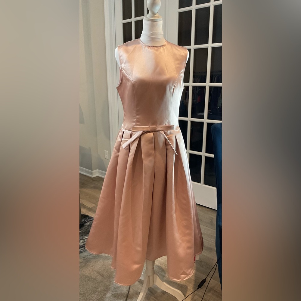 NWT Cider Pink Satin Sleeveless Bow Front Pleated Midi Dress Size M 🎀 - Picture 6 of 16